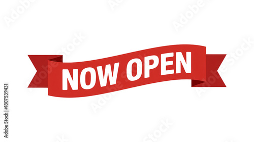 Bold now open banner on red ribbon welcomes customers to your business