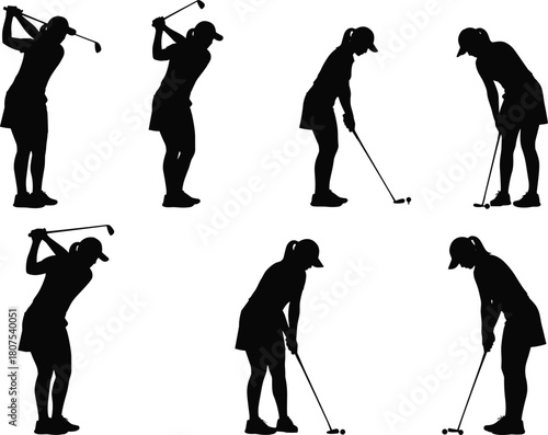 Female golfer silhouette set showing swing, putting, stance and golfing motions, sports action vector illustration for training, practice and design use