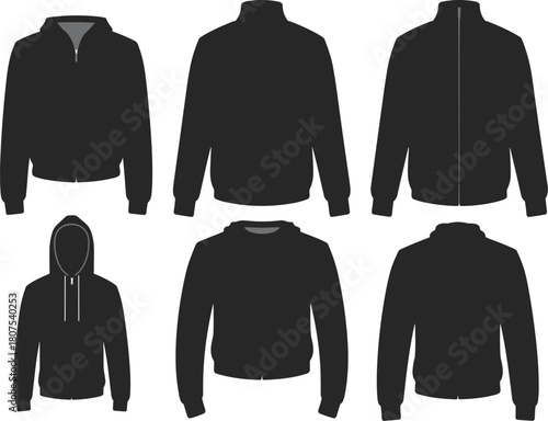 Jacket and hoodie silhouette set, outerwear styles, fashion design, black clothing icons, flat vector illustration, apparel mockup