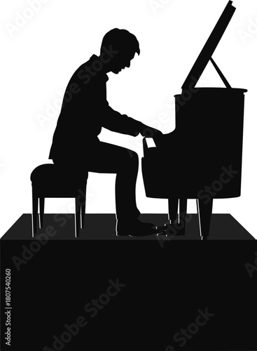 Silhouette of pianist playing grand piano, stage performance, musical art, concert scene, black figure, flat vector illustration