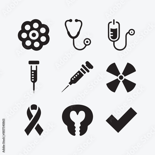 Healthcare, Pathology, and Cancer Awareness Glyph Icon Set with Stethoscope, Microscope, and IV