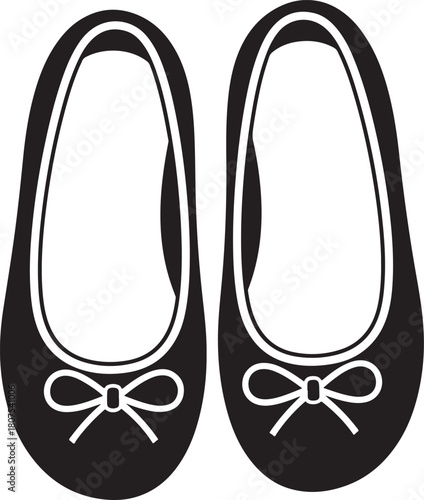 A simple black silhouette of two ballet flats with bows