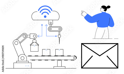 Robotic arm assembling packages on conveyor, cloud connectivity signal, person observing, and message icon. Ideal for technology, automation, IoT, communication, innovation smart logistics