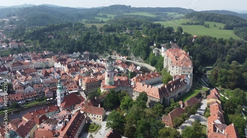 Český Krumlov Castle and town center - aerial drone view
