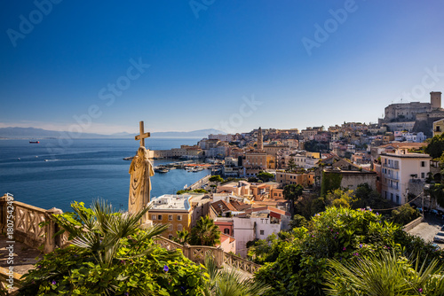 Gaeta, Latina, Lazio, Italy. A splendid view of the city. The ancient village with its houses overlooking the sea, seen from the top. The Angevin Castle at the top. The harbor with its moored boats.