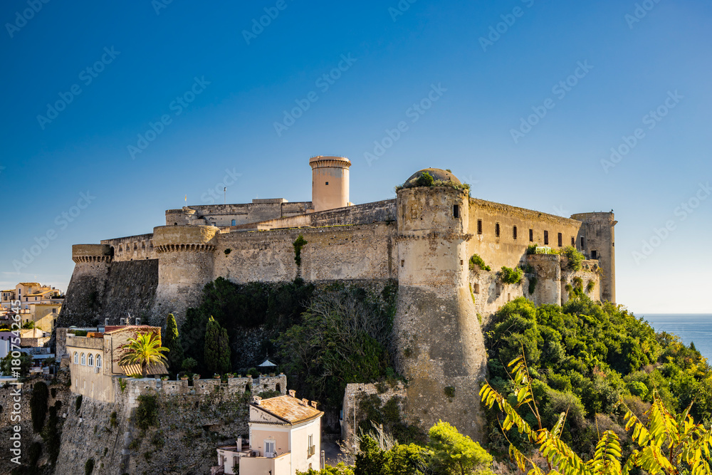 Obraz premium Gaeta, Latina, Lazio, Italy. A splendid view of the city from the top of Monte Orlando. The imposing Angevin-Aragonese castle dominates the ancient village overlooking the sea from the clifftop.