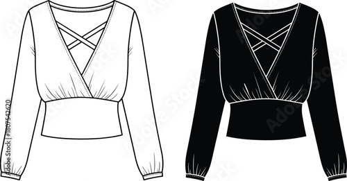 Crop top fashion sketch, deep V-neckline, crisscross strap detail, gathered bust and cuffs, flat vector illustration, black white design