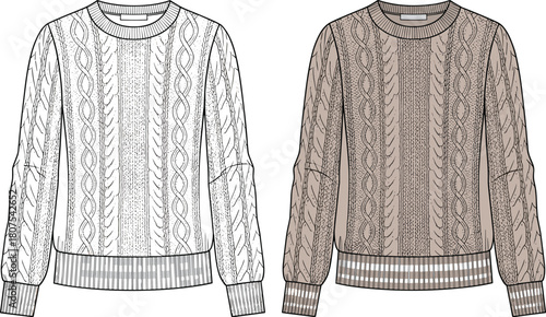 Cable knit sweater, front view, colored and line drawing, fashion illustration, textile texture, flat vector illustration, garment design, knitwear