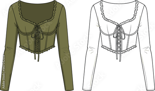 Cropped blouse fashion sketch, lace-up front, scoop neckline, corset style, ruffled trim detail, flat vector illustration, black white