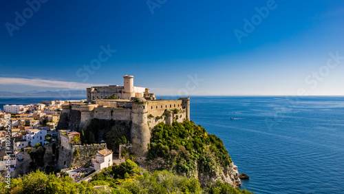 Fototapeta Naklejka Na Ścianę i Meble -  Gaeta, Latina, Lazio, Italy. A splendid view of the city from the top of Monte Orlando. The imposing Angevin-Aragonese castle dominates the ancient village overlooking the sea from the clifftop.