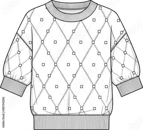 Quilted sweater design, diamond pattern knitwear, puff sleeve top, fashion flat sketch, technical garment drawing, apparel vector, clothing template