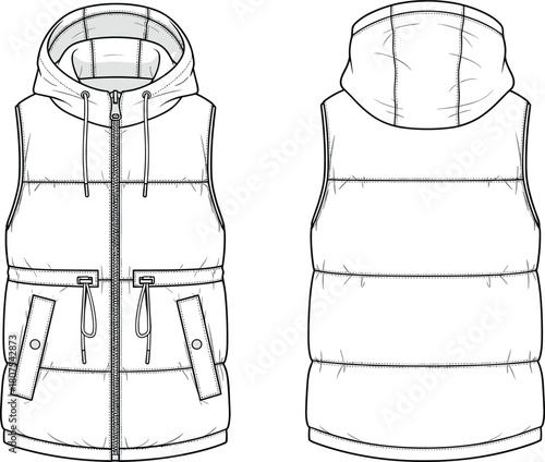 Sleeveless padded vest sketch, hooded design, flap pockets, drawstring waist, front back view, flat vector illustration, black white