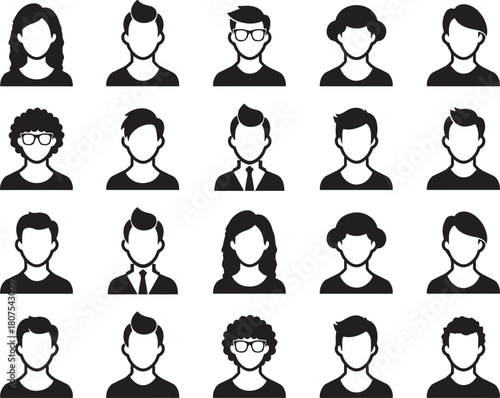 Diverse group of people profile silhouettes black vector illustrations collection