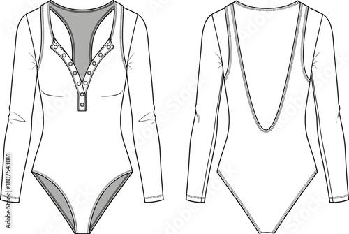 Women's long sleeve bodysuit technical sketch, deep V-neckline, scoop back design, fashion garment drawing, flat vector apparel illustration