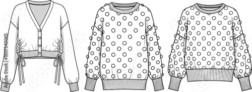 Women's sweater and cardigan set, crew neck top, ruched cropped knitwear, fashion flat sketch, garment design, flat vector illustration