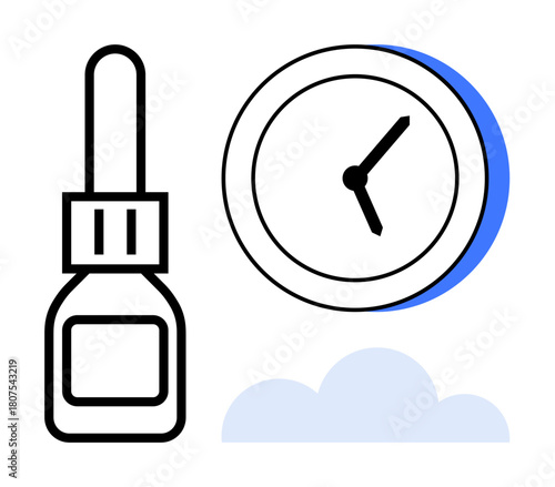 Eyedrop bottle beside clock symbolizing timely medication. Ideal for health, time management, pharmaceutical use, medical awareness, scheduling, self-care, and wellness. Clean simple flat metaphor