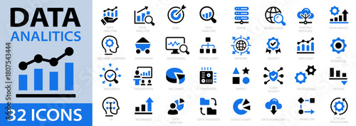 Data analysis 32 icon set. Data analysis technology symbol. Vector illustration