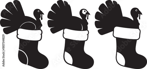 Three festive turkey shaped christmas stockings silhouette