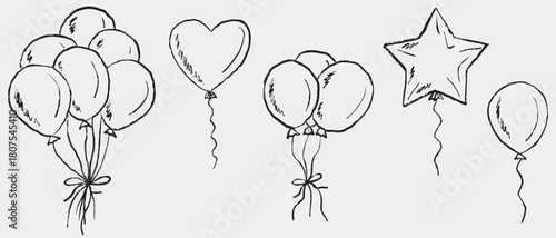 Hand drawn set of balloons including round, heart, and star shapes in clusters and singles. Vector sketch illustration in vintage crayon charcoal style. Birthday holiday equipment