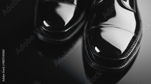 A close-up of stylish black shoes with a polished finish, showcasing elegance and fashion