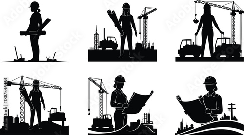 Female Engineer and Architect Silhouettes Set: Construction Worker Woman with Hard Hat, Blueprints, Crane, and Heavy Machinery for Vector Graphic Illustrations
