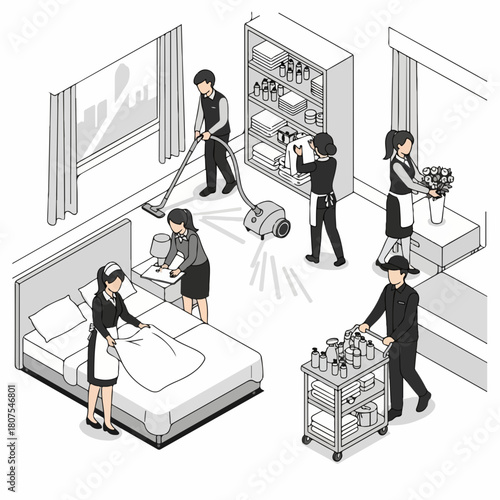 Isometric Detailed Hotel Staff Cleaning and Preparing Rooms Illustration