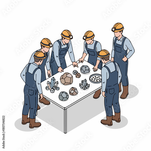 Isometric Team of Miners Examining Mineral Specimens on a White Table