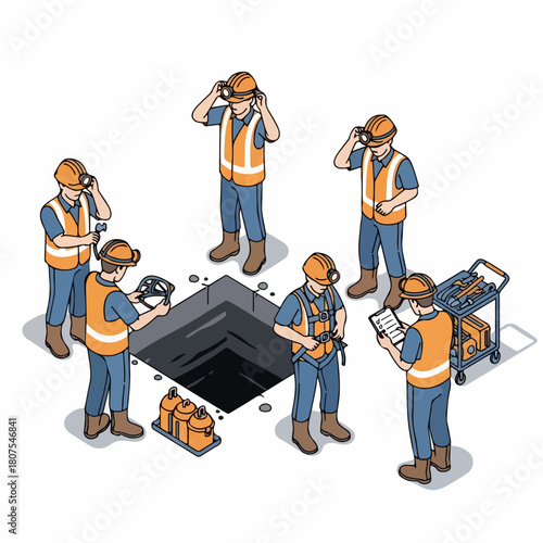 Isometric Detailed Construction Workers Inspecting Underground Shaft Illustration