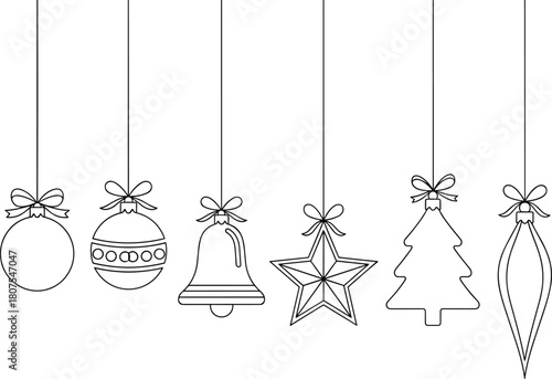 Continuous Line Drawing Christmas Ornaments Set: Simple Outline Icons of Hanging Ball, Star, Tree, and Bell with Ribbon Bows for Holiday Vector Art