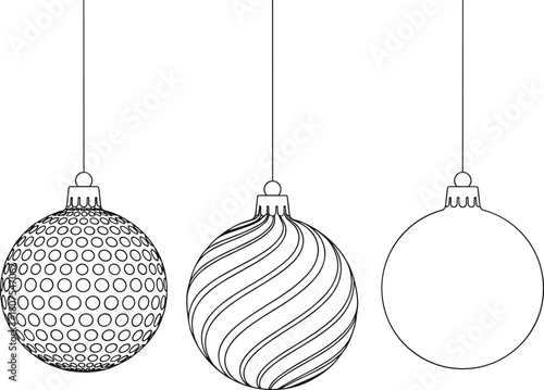 Black and White Christmas Ball Ornaments Set: Simple Line Art Hanging Decorations with Polka Dot, Swirl Stripe, and Plain Designs for Coloring Book Vector