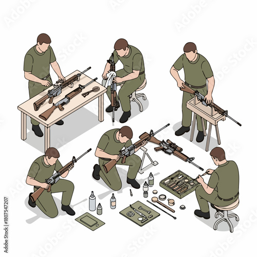 Flat Isometric Military Personnel Cleaning Rifle Maintenance and Repair Illustration