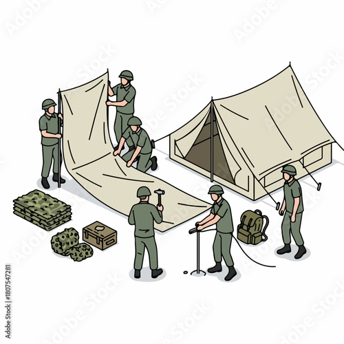 Isometric Detailed Soldiers Assembling A Canvas Military Tent Illustration