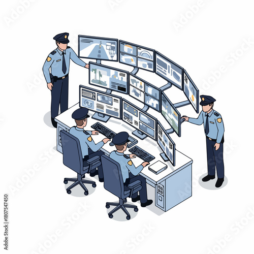 Isometric Detailed Police Officer Monitoring Multiple Surveillance Screens Illustration
