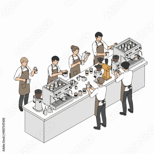 Isometric Line Art Busy Barista Working in Coffee Shop Illustration
