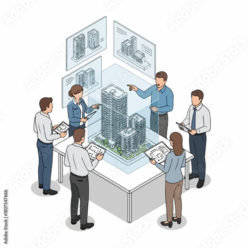 Isometric Detailed Architectural Building Design Meeting Discussion Illustration