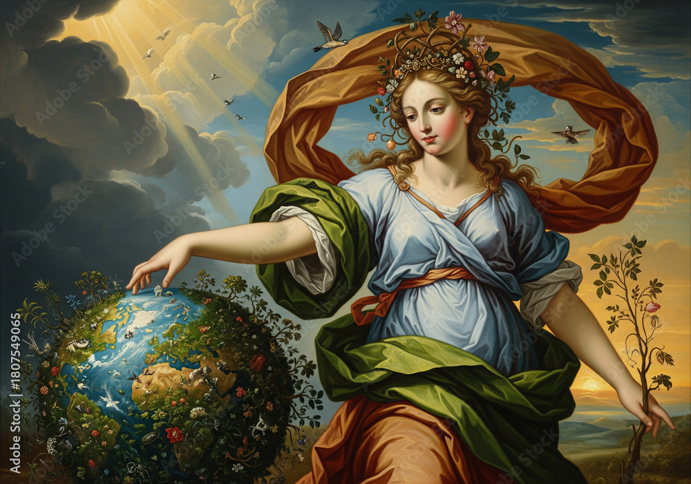 Fototapeta premium Baroque Painting of the Roman Goddess Flora Touching the Earth Globe Covered in Flowers