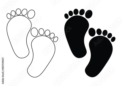 Set of baby footprint icon in two style, outline and solid black silhouette, representing newborn step or child journey, isolated on