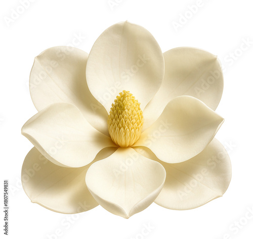 Large, waxy petals with a central cone structure of a magnolia flower.