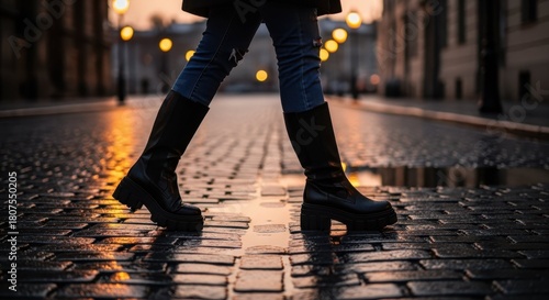 Woman crossing street in fashionable leather boots on wet cobblestones, capturing urban scene at dusk. Crossing street safely requires care and attention to your surroundings, as shown by pedestrian.