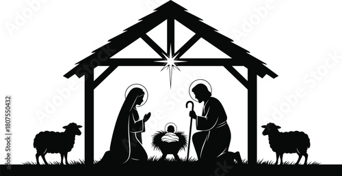 Nativity scene silhouette featuring Mary, Joseph and baby Jesus in manger with star and sheep, Christmas religious illustration for holiday artwork design