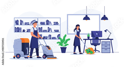 Professional cleaning service team wearing uniforms are busy cleaning a modern and tidy office space.