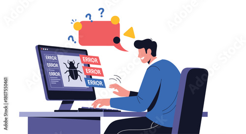 Stressed programmer is frustrated by a software bug and multiple error messages on his computer screen.
