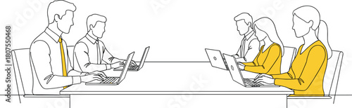 Business team sitting at conference table working on laptops, office collaboration scene, sketch style flat vector illustration.