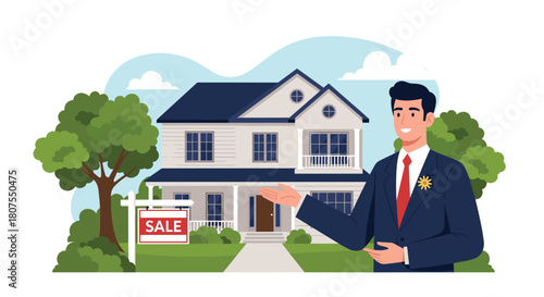 Professional real estate agent stands proudly in front of a beautiful suburban house with a for sale sign.