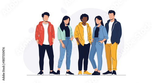 Group of diverse young friends with different cultural backgrounds are standing together in unity.