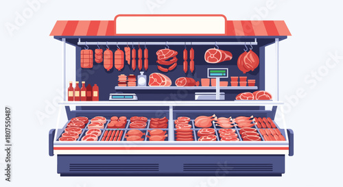 Outdoor street food stall is fully stocked with a variety of fresh meats and assorted sausages.