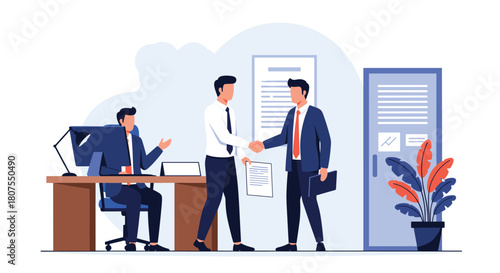 Business partners finalize their successful agreement with a firm handshake in a modern office environment.