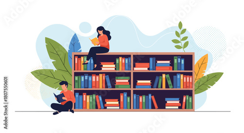 People of all ages are quietly reading books and studying in a large and peaceful public library.