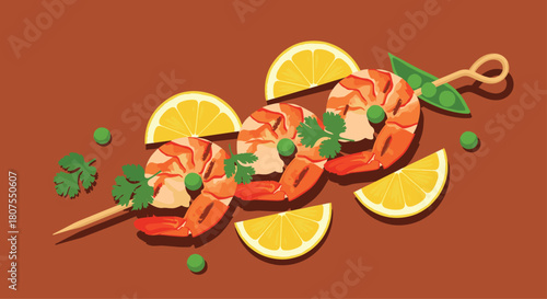 Delicious grilled shrimp and lemon skewers are beautifully garnished with fresh green parsley.