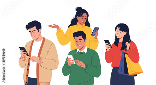 Group of diverse young friends are standing together but are all individually engrossed in their smartphones.